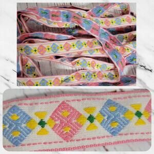 Vintage Embroidered Pastel Geometric Pattern Trim - 240" Long X 1.5" wide